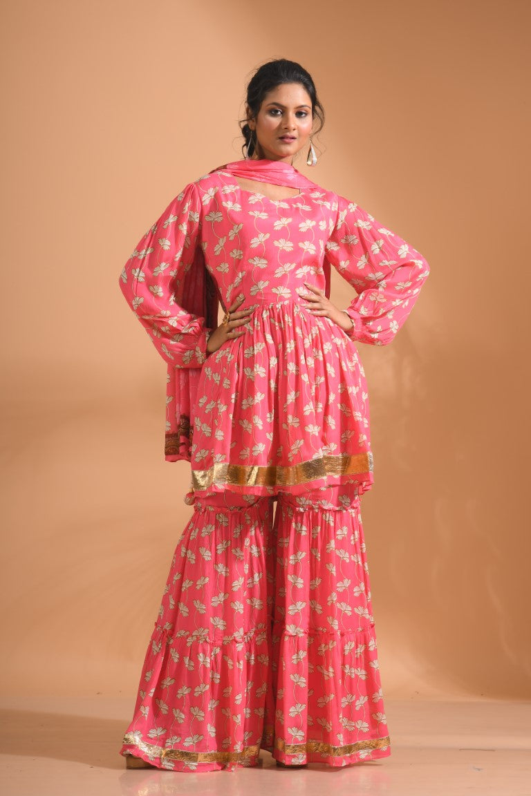 Morchari Sharara Top Set With Dupatta - Red