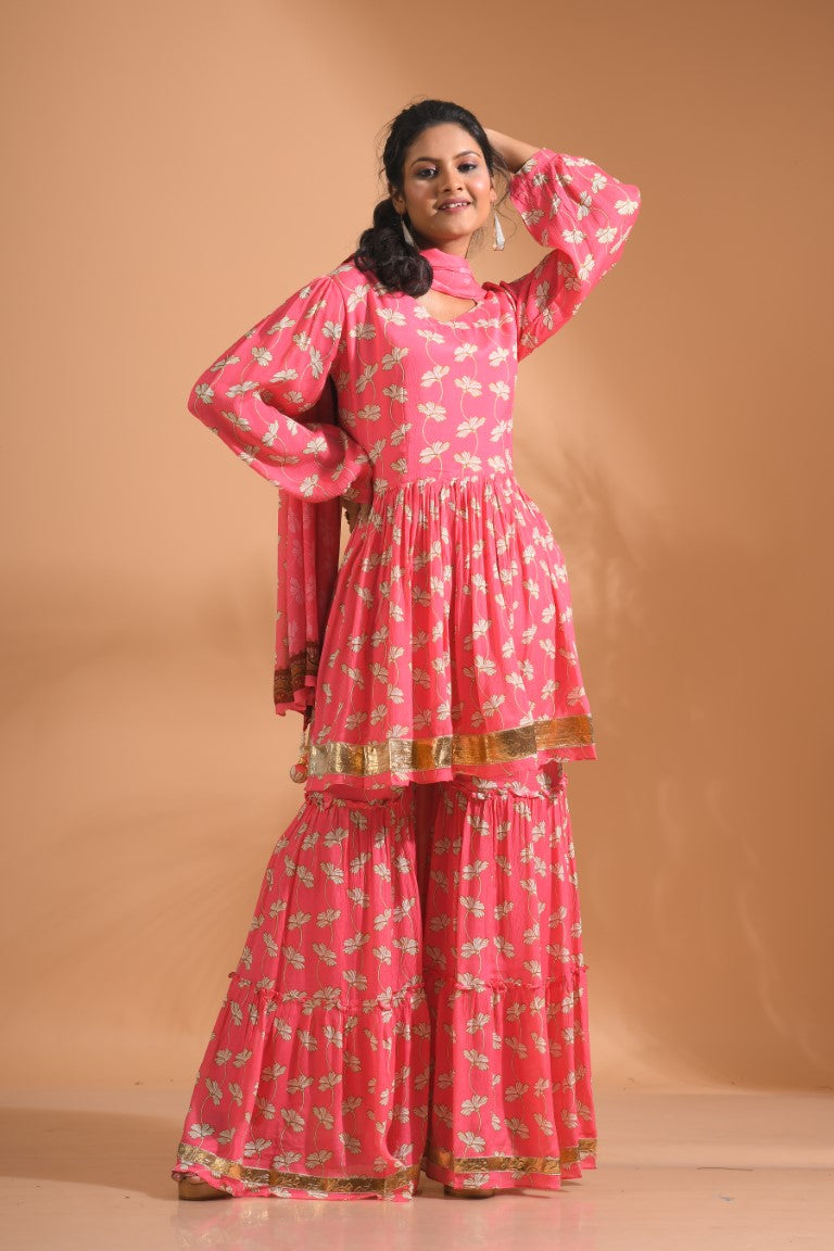 Morchari Sharara Top Set With Dupatta - Red