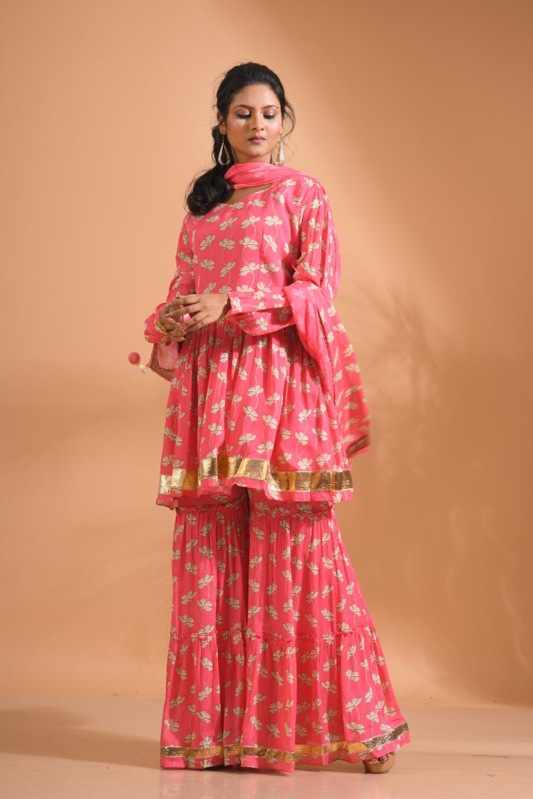 Morchari Sharara Top Set With Dupatta - Red
