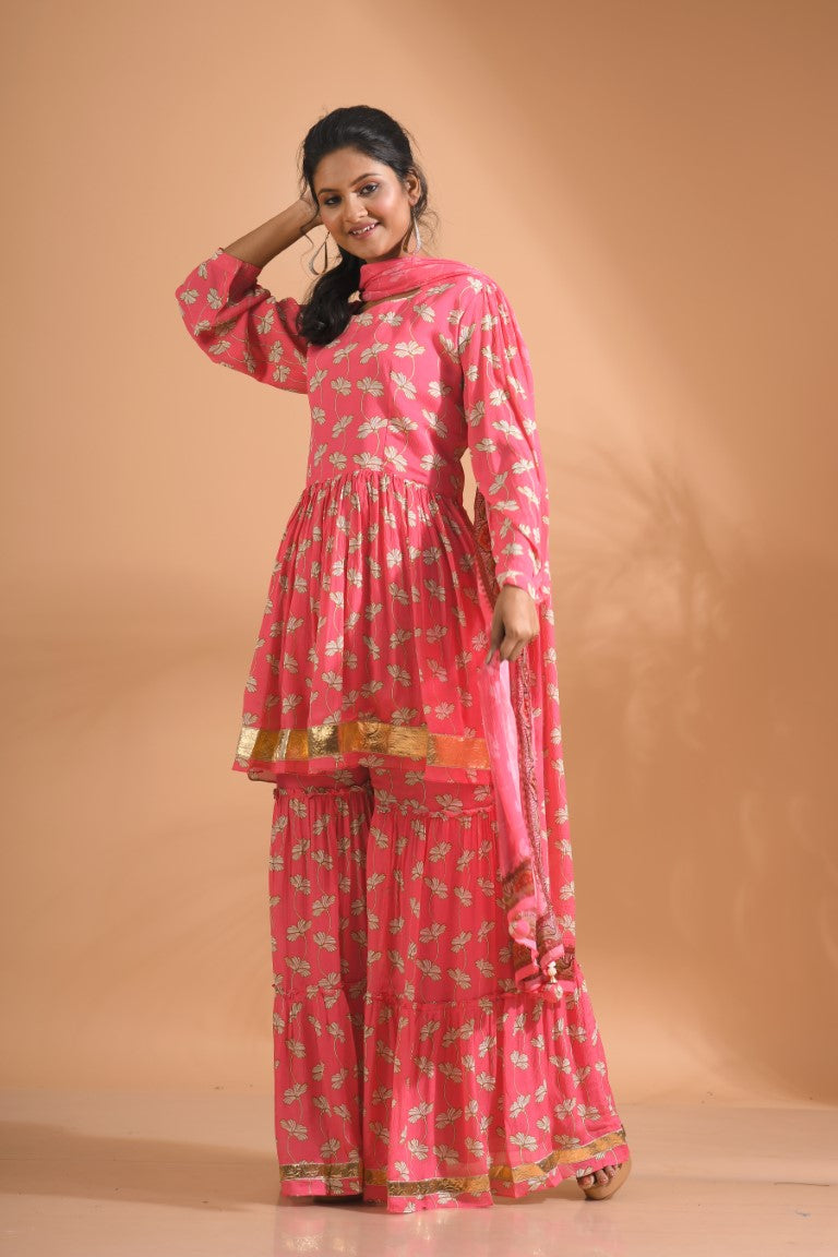 Morchari Sharara Top Set With Dupatta - Red