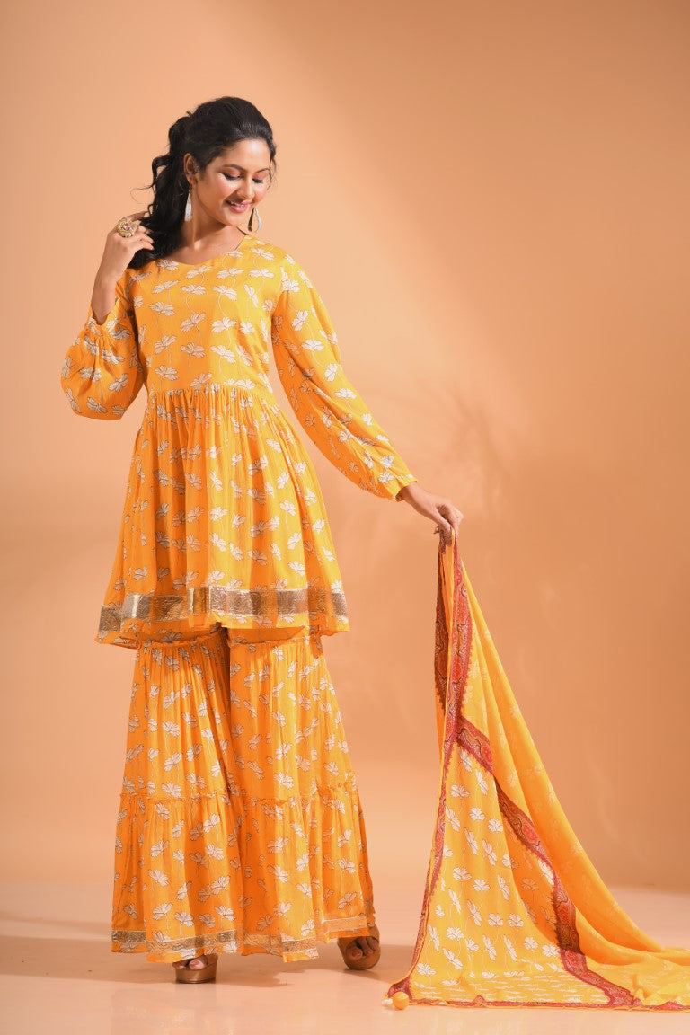 Morchari Sharara Top Set With Dupatta - Yellow