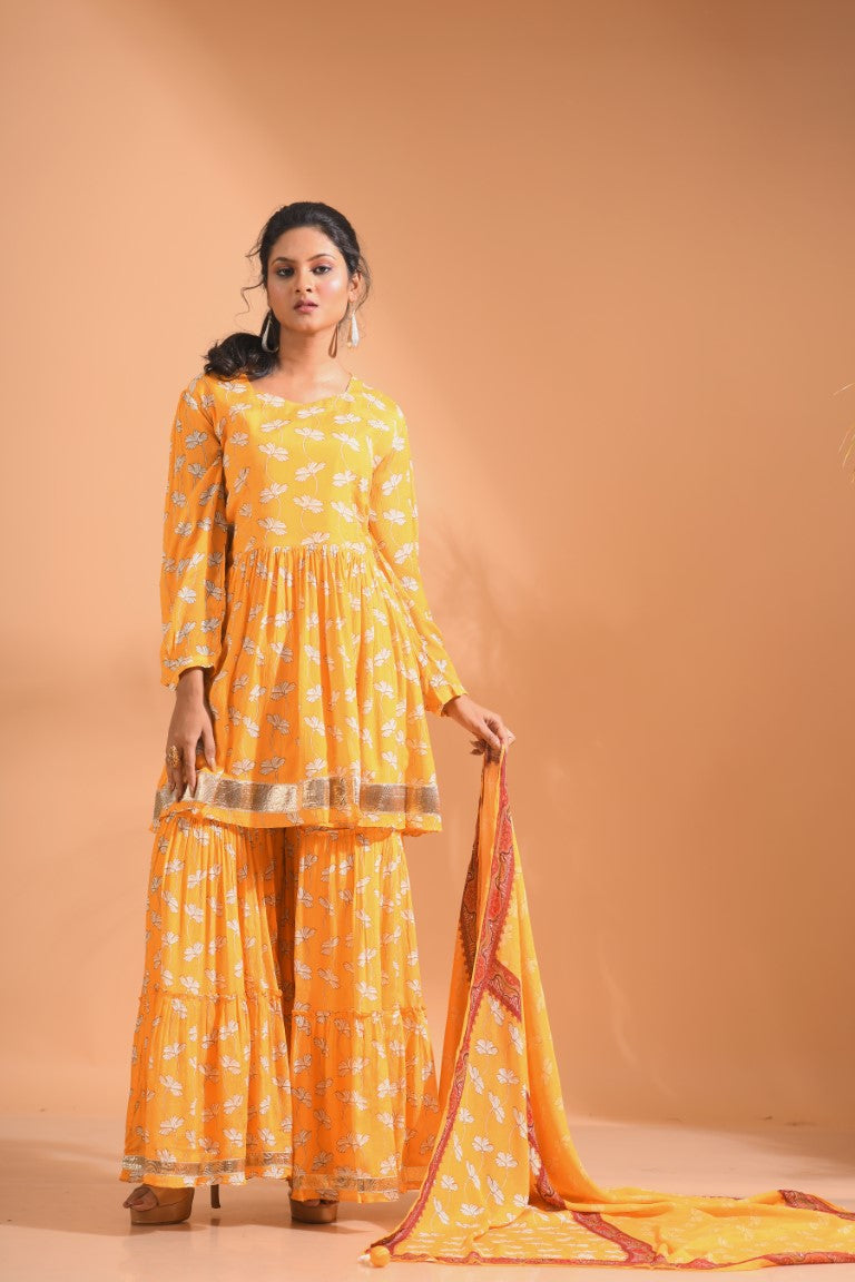 Morchari Sharara Top Set With Dupatta - Yellow