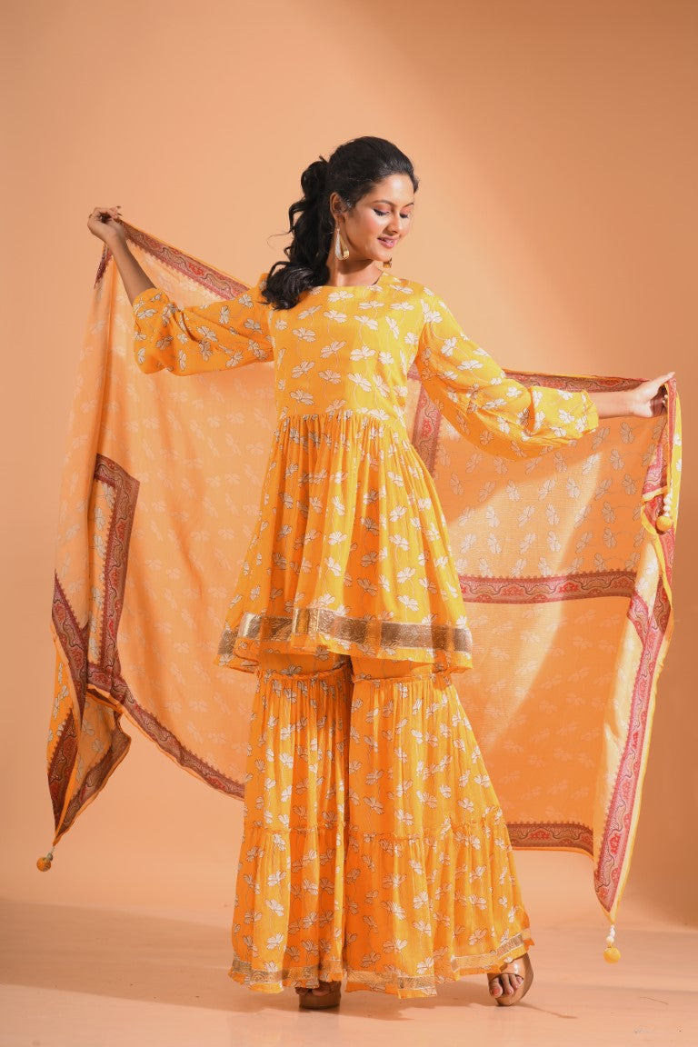 Morchari Sharara Top Set With Dupatta - Yellow