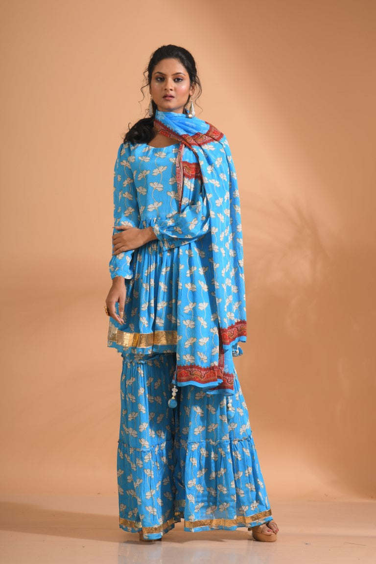 Morchari Sharara Top Set With Dupatta - Blue