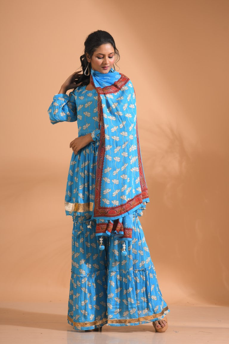 Morchari Sharara Top Set With Dupatta - Blue