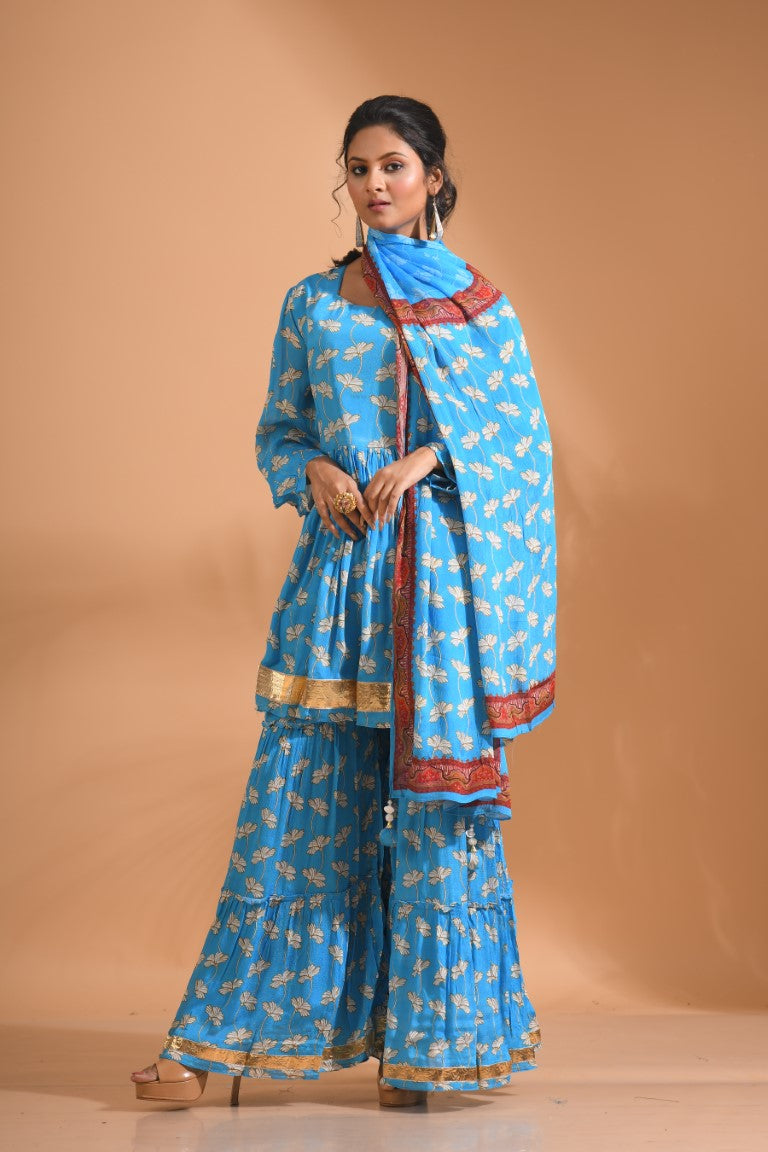 Morchari Sharara Top Set With Dupatta - Blue
