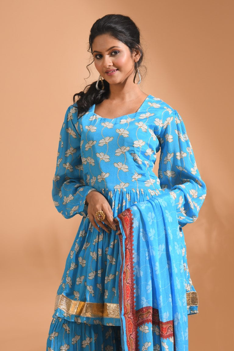 Morchari Sharara Top Set With Dupatta - Blue