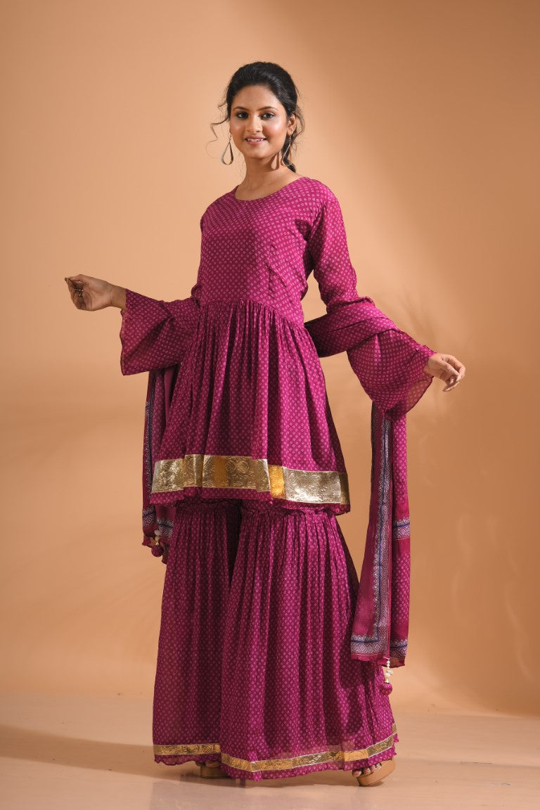 Morchari Sharara Top Set With Dupatta - Purple