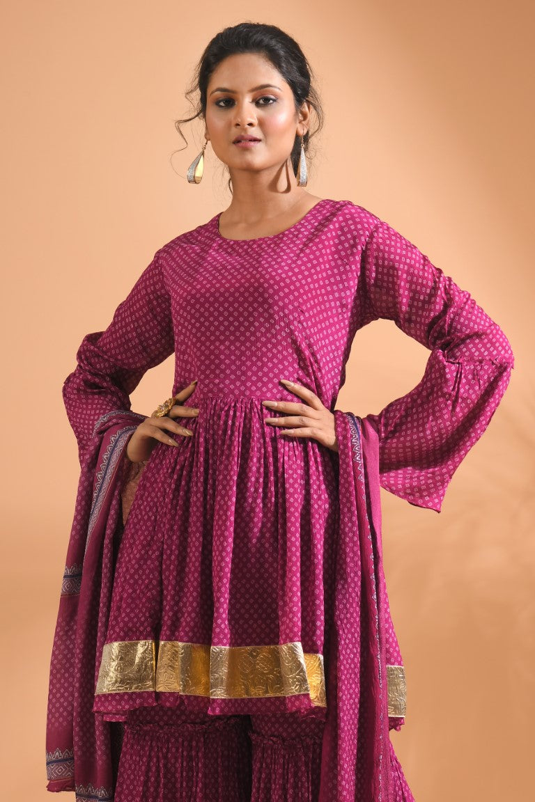 Morchari Sharara Top Set With Dupatta - Purple