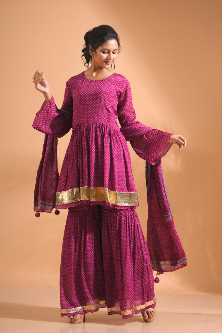 Morchari Sharara Top Set With Dupatta - Purple