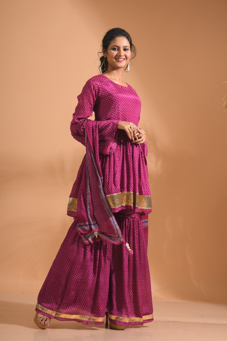 Morchari Sharara Top Set With Dupatta - Purple