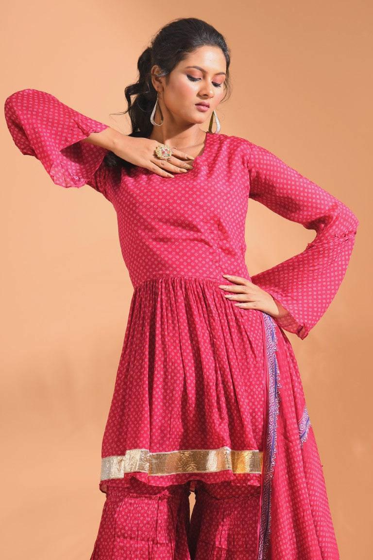Morchari Sharara Top Set With Dupatta - Pink