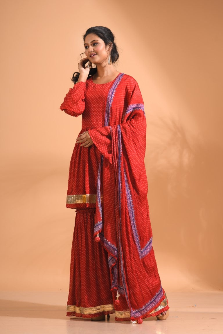 Morchari Sharara Top Set With Dupatta - Red