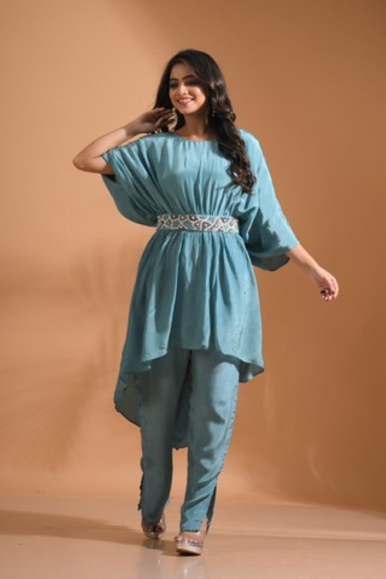 Morchari Kaftan Set With Pant - Sky Blue