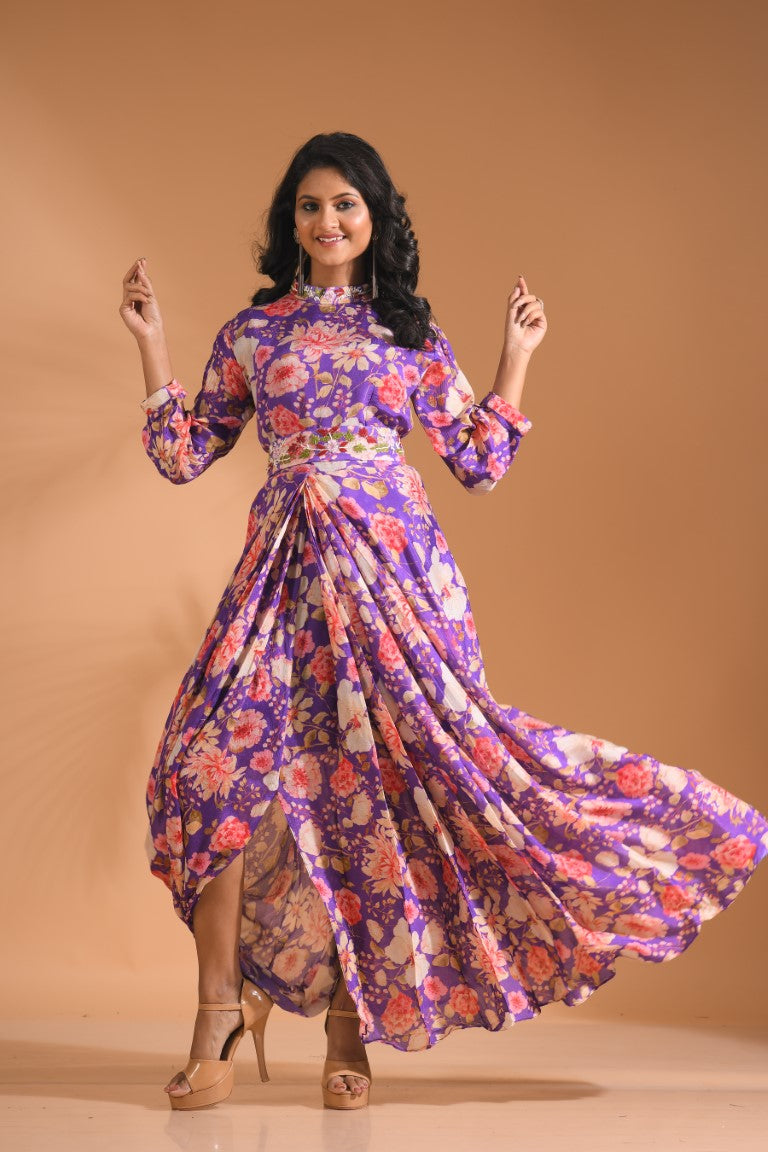 Morchari Long Gown With Hand Embroidery - Purple