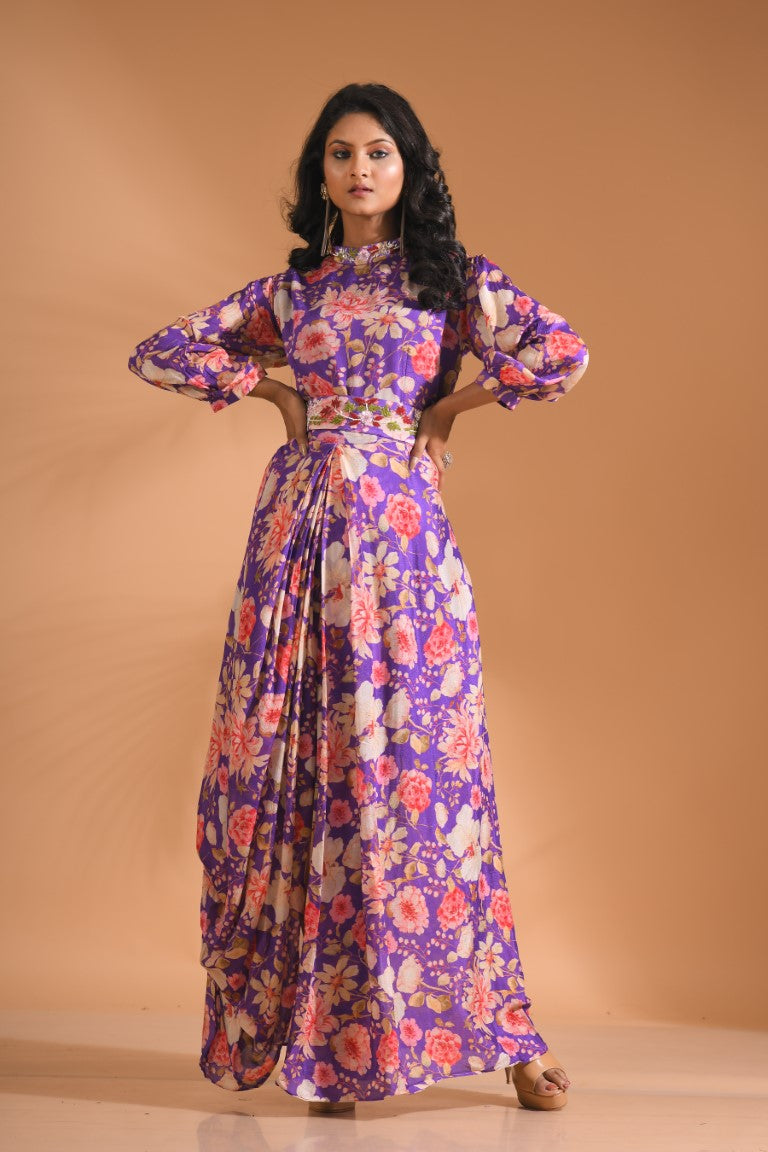 Morchari Long Gown With Hand Embroidery - Purple
