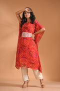 Morchari Bandhani Kaftan And Golden Pant With Hand Embroidery - Red