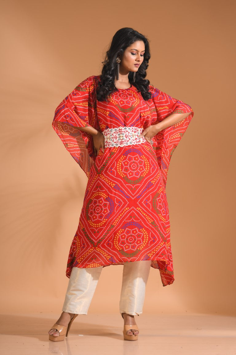 Morchari Bandhani Kaftan And Golden Pant With Hand Embroidery - Red