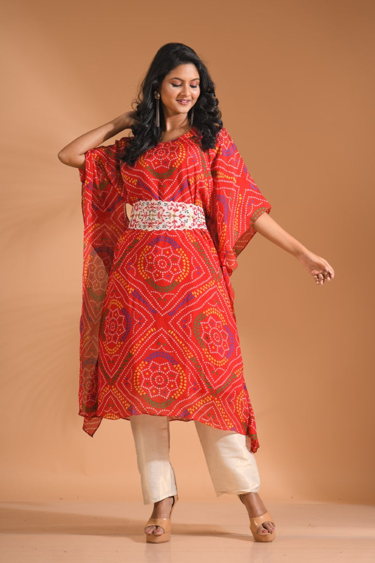 Morchari Bandhani Kaftan And Golden Pant With Hand Embroidery - Red