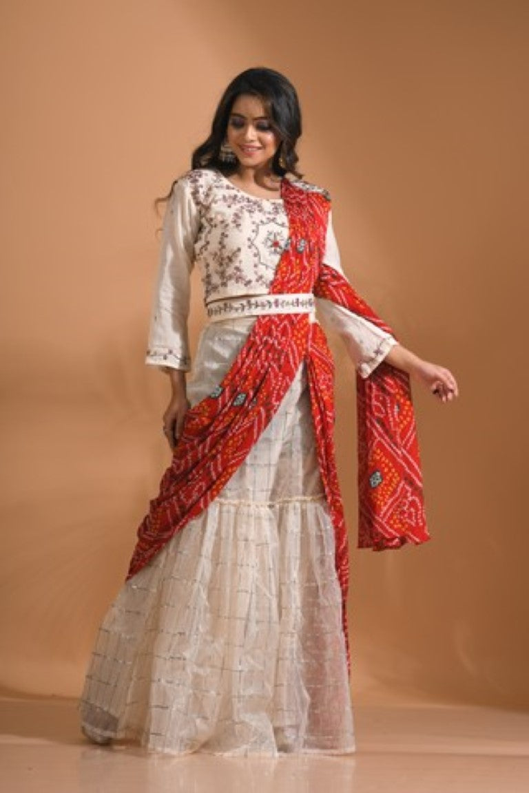 Morchari Sharara Set Attached With Dupatta With Hand Embroidery - Cream