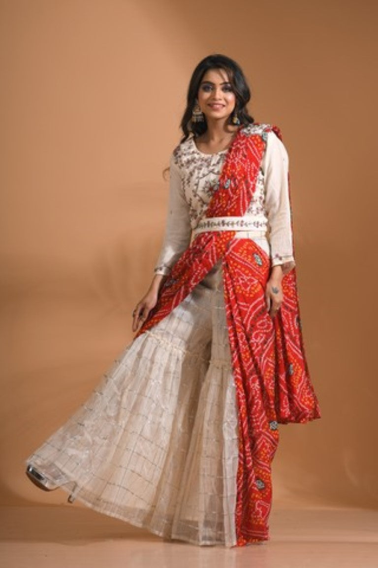 Morchari Sharara Set Attached With Dupatta With Hand Embroidery - Cream