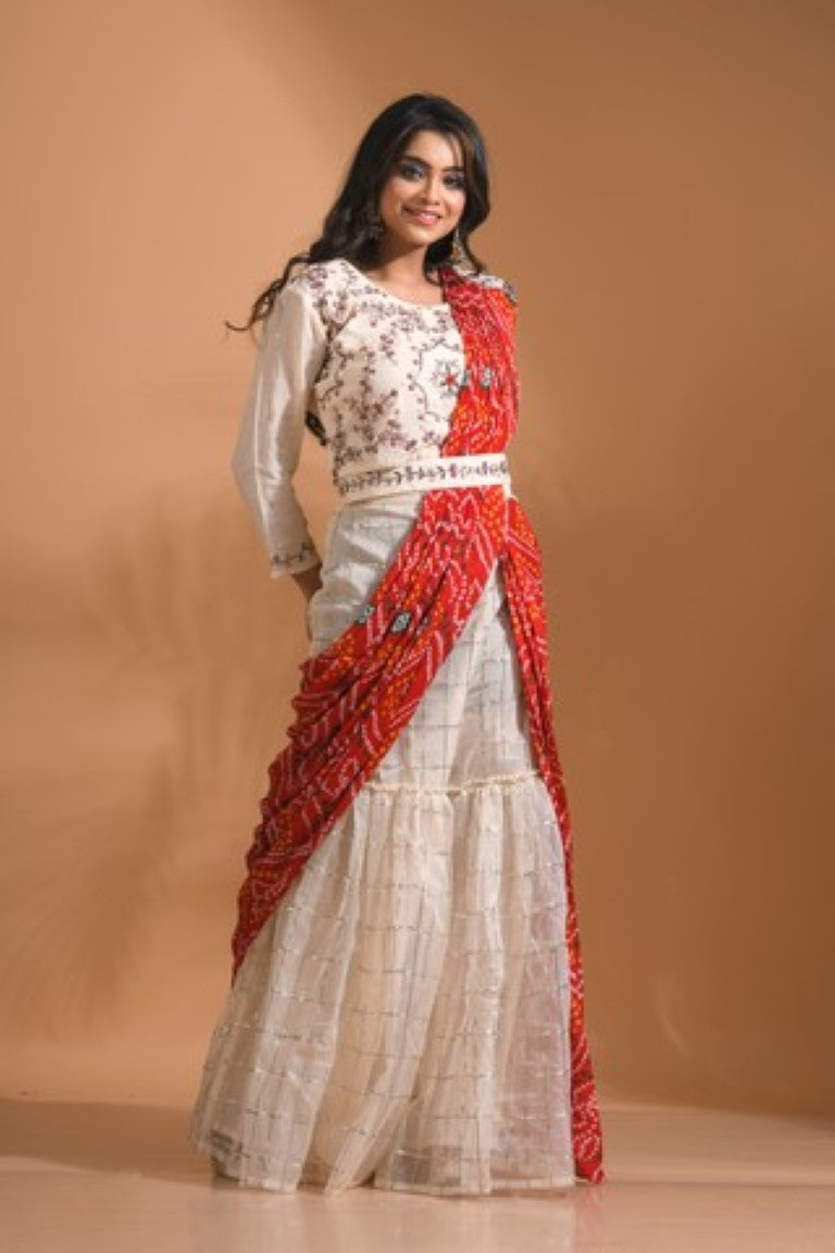 Morchari Sharara Set Attached With Dupatta With Hand Embroidery - Cream