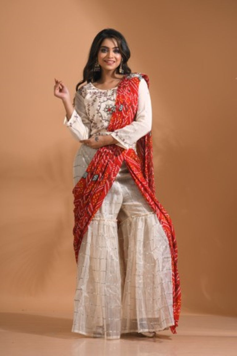Morchari Sharara Set Attached With Dupatta With Hand Embroidery - Cream