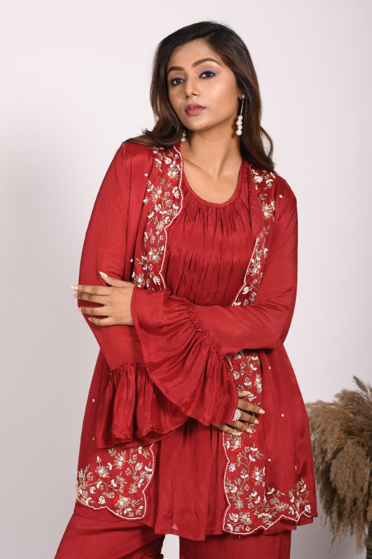 Morchari Jacket With Sharara Set With Hand Embroidery - Red