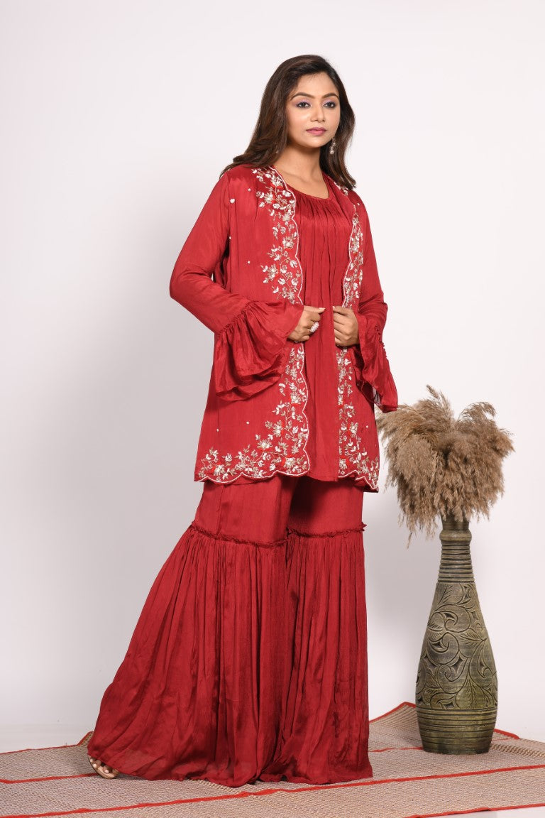 Morchari Jacket With Sharara Set With Hand Embroidery - Red
