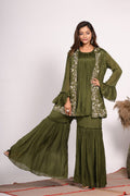 Morchari Jacket With Sharara Set With Hand Embroidery - Green