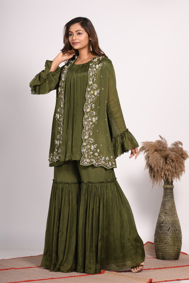 Morchari Jacket With Sharara Set With Hand Embroidery - Green