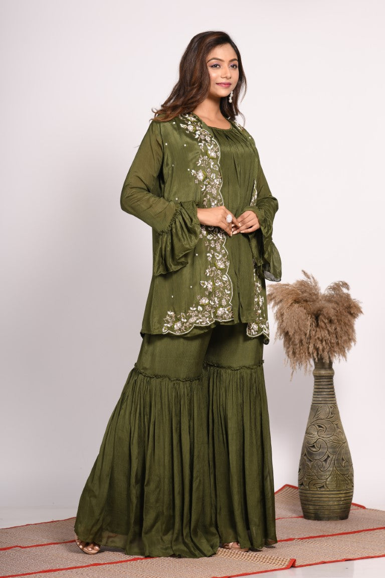 Morchari Jacket With Sharara Set With Hand Embroidery - Green