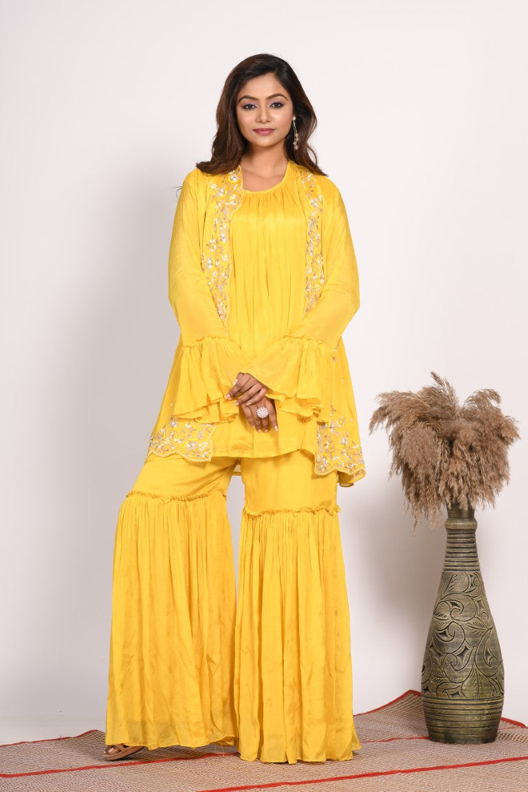 Morchari Jacket With Sharara Set With Hand Embroidery - Yellow