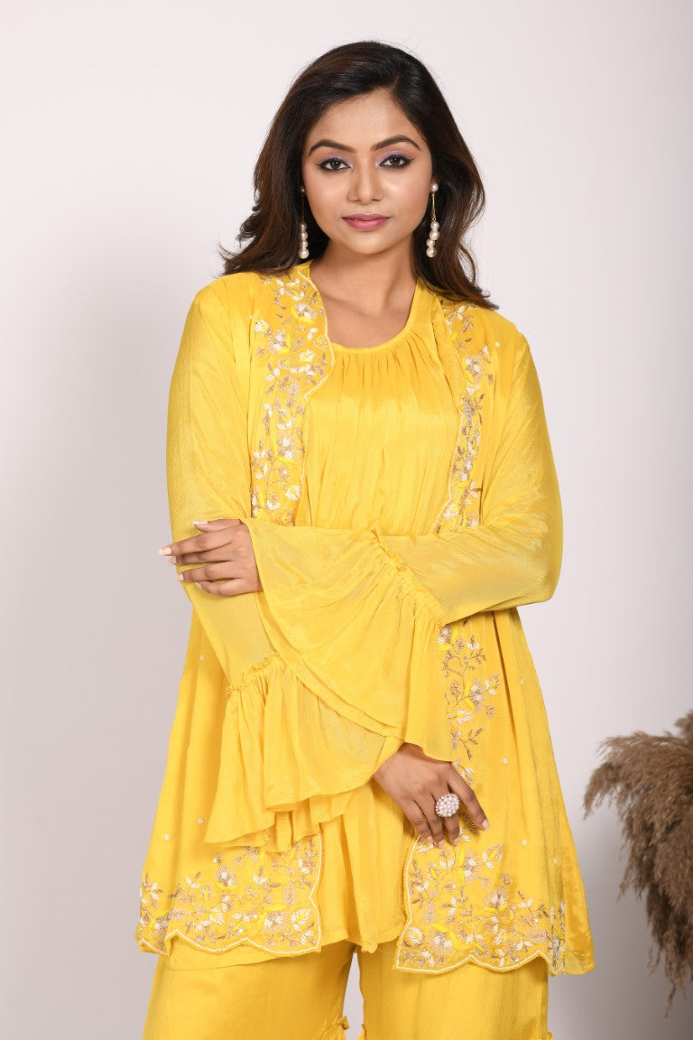 Morchari Jacket With Sharara Set With Hand Embroidery - Yellow