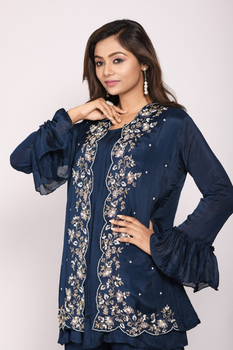Morchari Jacket With Sharara Set With Hand Embroidery - Blue