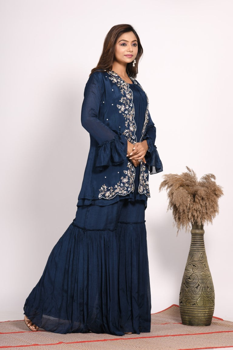 Morchari Jacket With Sharara Set With Hand Embroidery - Blue