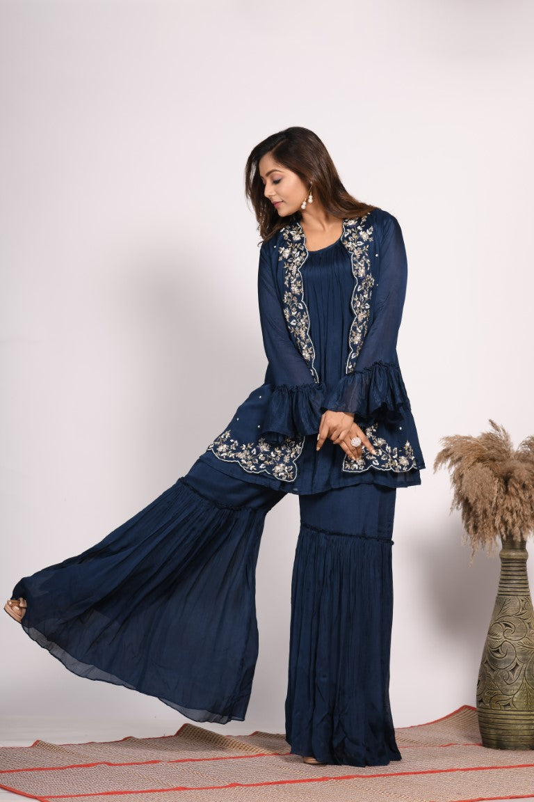 Morchari Jacket With Sharara Set With Hand Embroidery - Blue