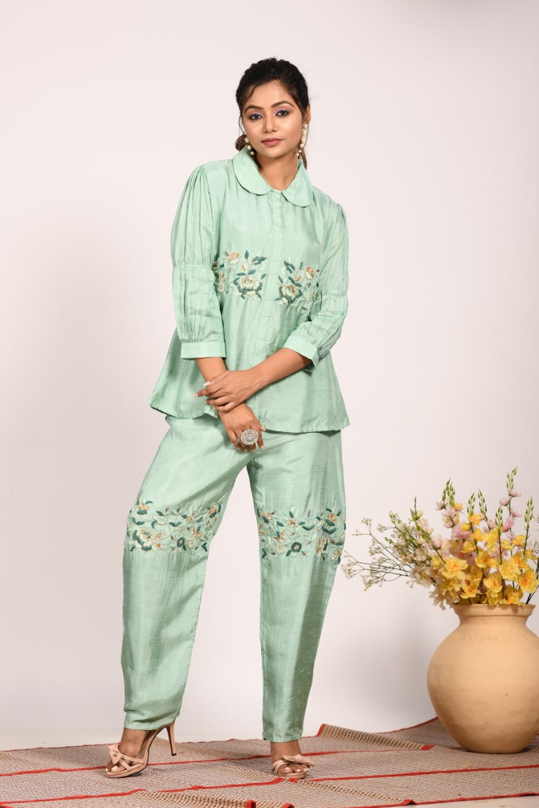 Morchari Co Ord Set With Hand Embroidery - Green