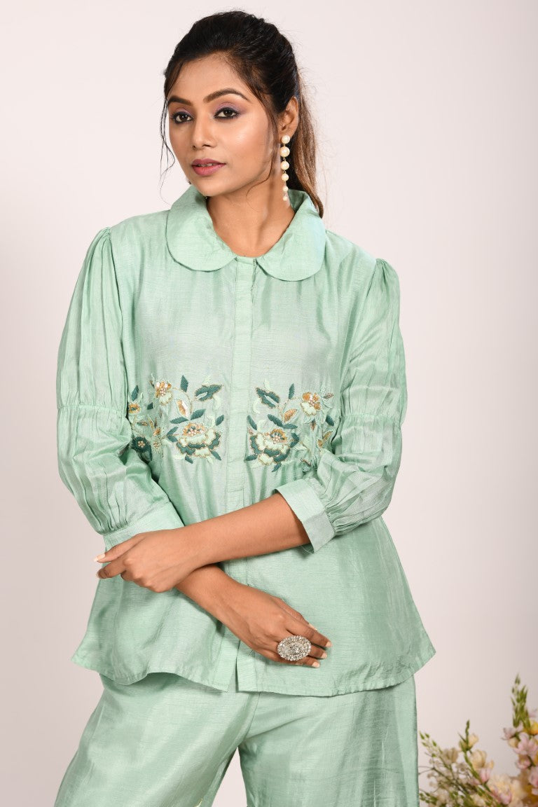 Morchari Co Ord Set With Hand Embroidery - Green