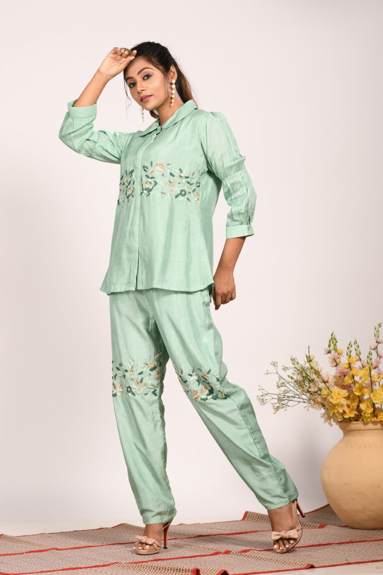 Morchari Co Ord Set With Hand Embroidery - Green