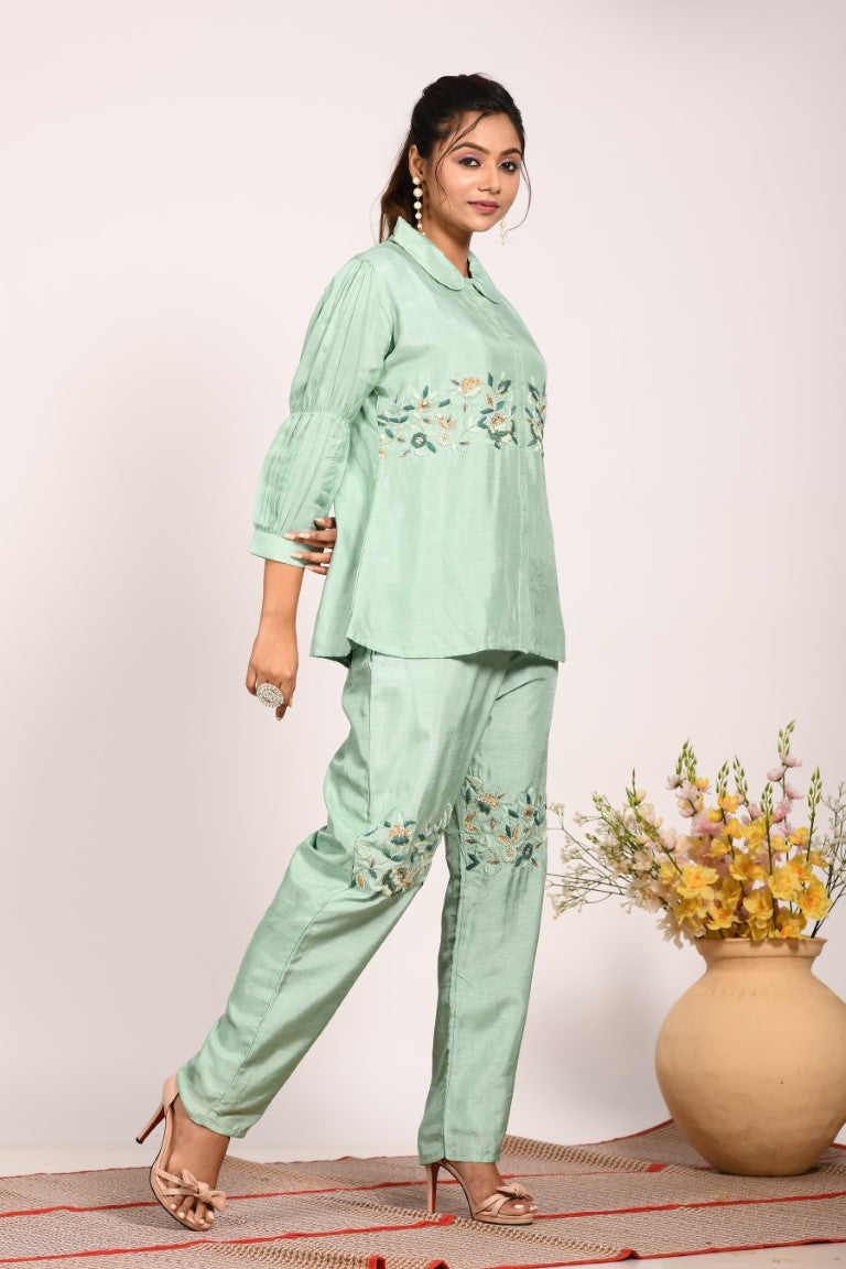 Morchari Co Ord Set With Hand Embroidery - Green
