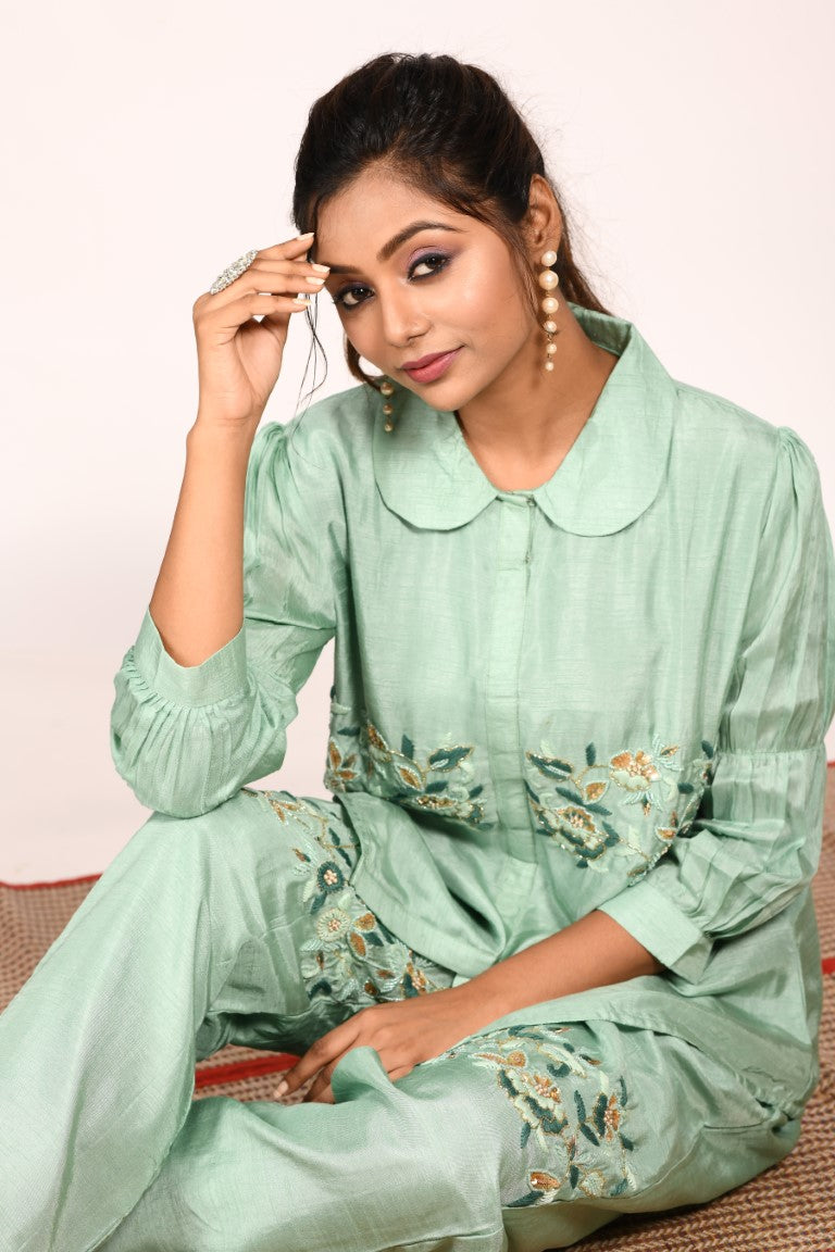 Morchari Co Ord Set With Hand Embroidery - Green