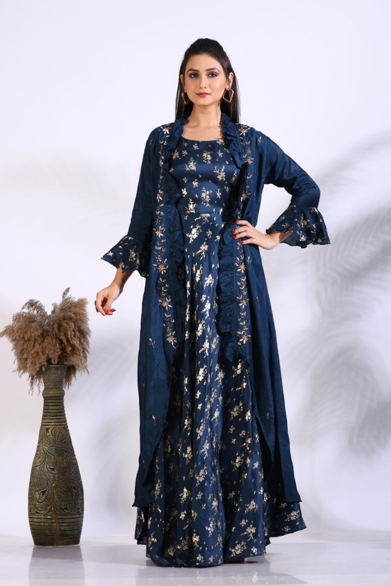 Morchari Long Gown With Jacket With Hand Embroidery - Blue