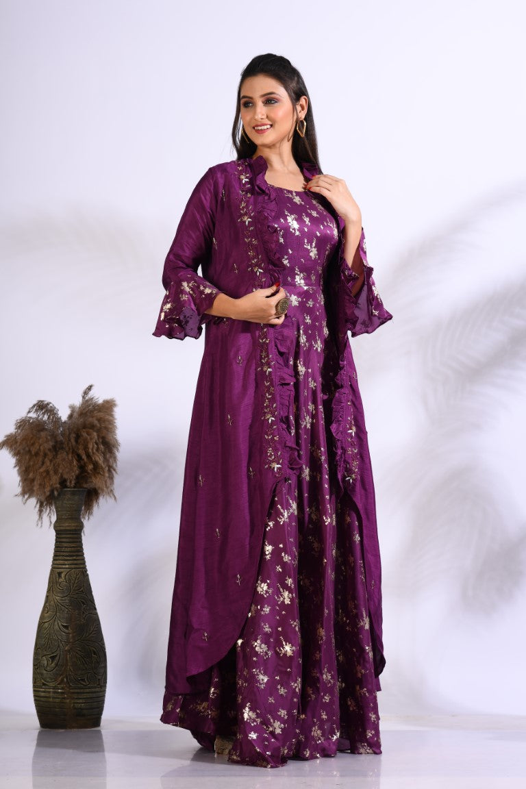 Morchari Long Gown With Jacket With Hand Embroidery - Purple