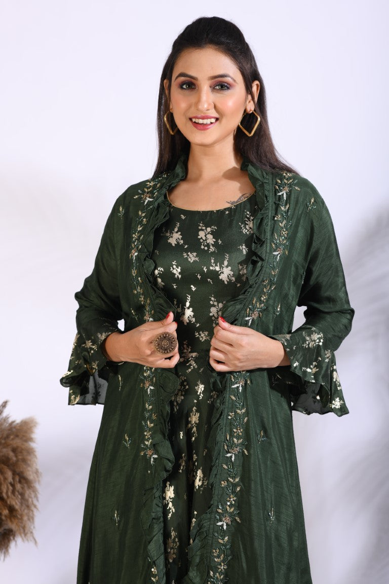 Morchari Long Gown With Jacket With Hand Embroidery - Green