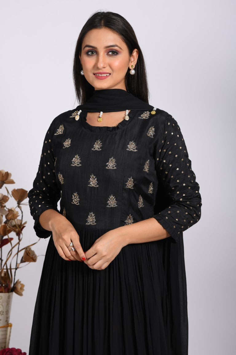 Morchari Long Gown With Dupatta & Hand Embroidery - Black