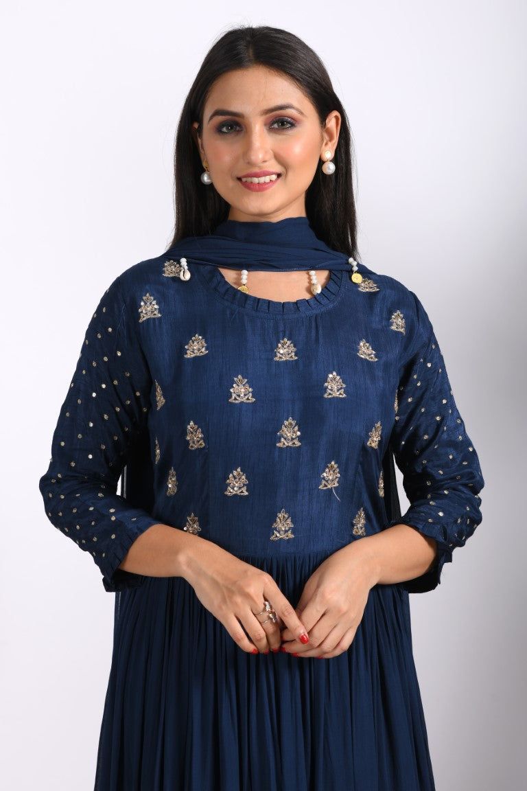 Morchari Long Gown With Dupatta & Hand Embroidery - Blue