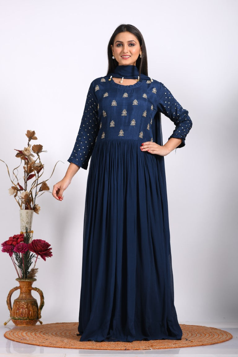 Morchari Long Gown With Dupatta & Hand Embroidery - Blue