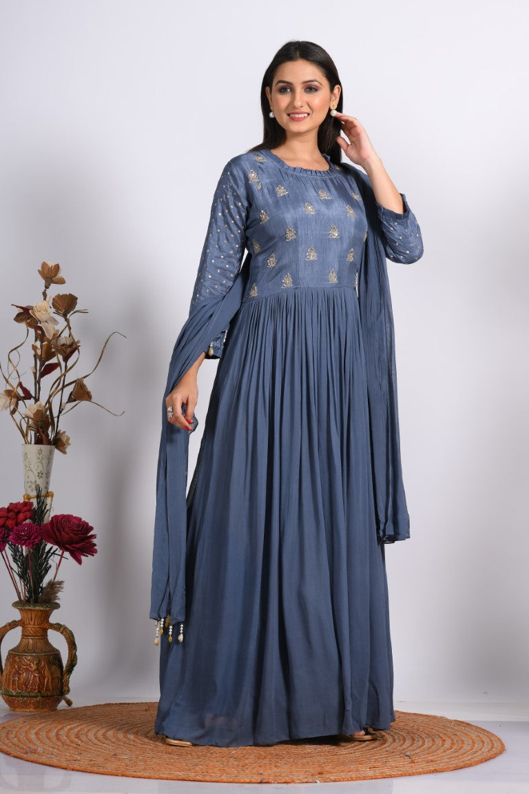 Morchari Long Gown With Dupatta & Hand Embroidery - Grey