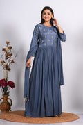 Morchari Long Gown With Dupatta & Hand Embroidery - Grey